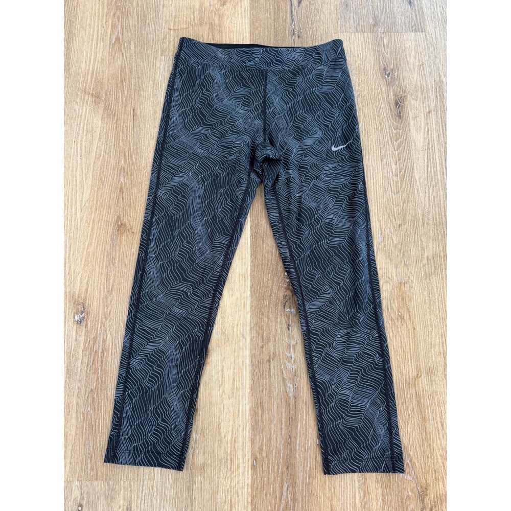 Nike Dri-FIT Leggings Womens Small Black Grey Wave Print Crop Tights Activewear